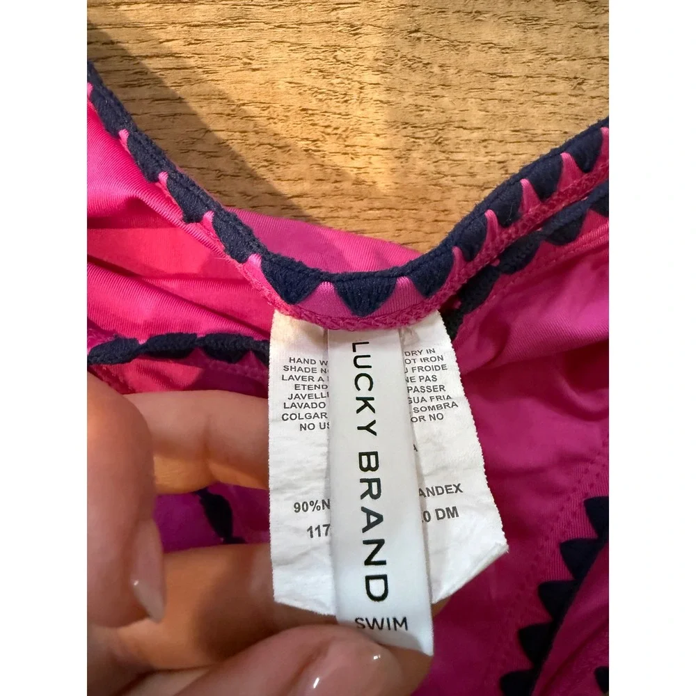 Lucky Brand Swim Womens Hot Pink Navy Scallop Trim Halter Bikini Set Size Medium